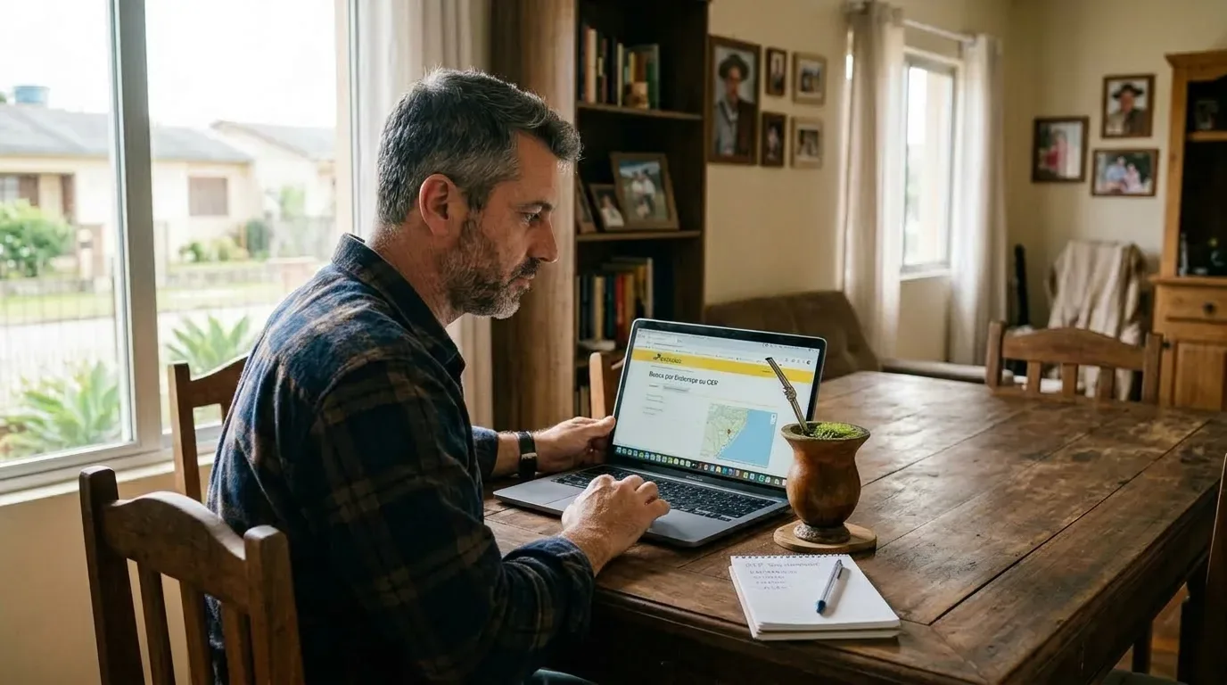 Um homem de meia-idade sentado a uma mesa de madeira em casa pesquisa localizações num computador portátil, tendo ao lado um bloco de notas com caneta e uma cuia de chimarrão, diante de uma janela iluminada.