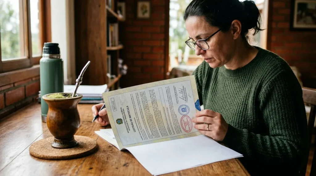 Uma mulher de óculos e blusa de malha verde a examinar minuciosamente um documento oficial intitulado "CERTIDÃO DE MATRÍCULA" com selos e carimbos. Sobre a mesa de madeira encontram-se uma cuia de chimarrão com bomba sobre uma base de cortiça e uma garrafa térmica verde ao lado.