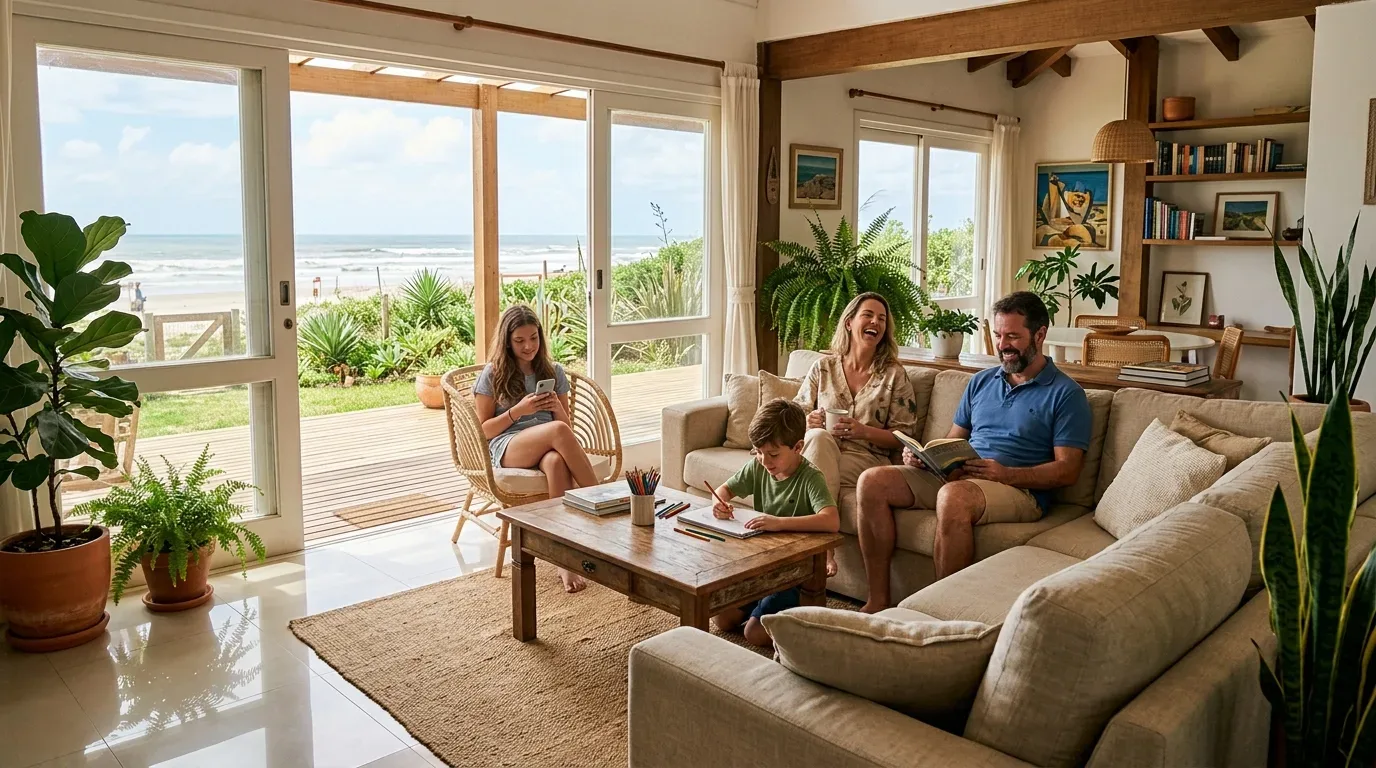Uma família desfruta de momentos de lazer na sala de estar iluminada de uma casa de praia, com os pais a relaxarem no sofá, o filho a desenhar na mesa de centro, a filha no telemóvel e portas de vidro abertas com vista para as dunas e o mar.